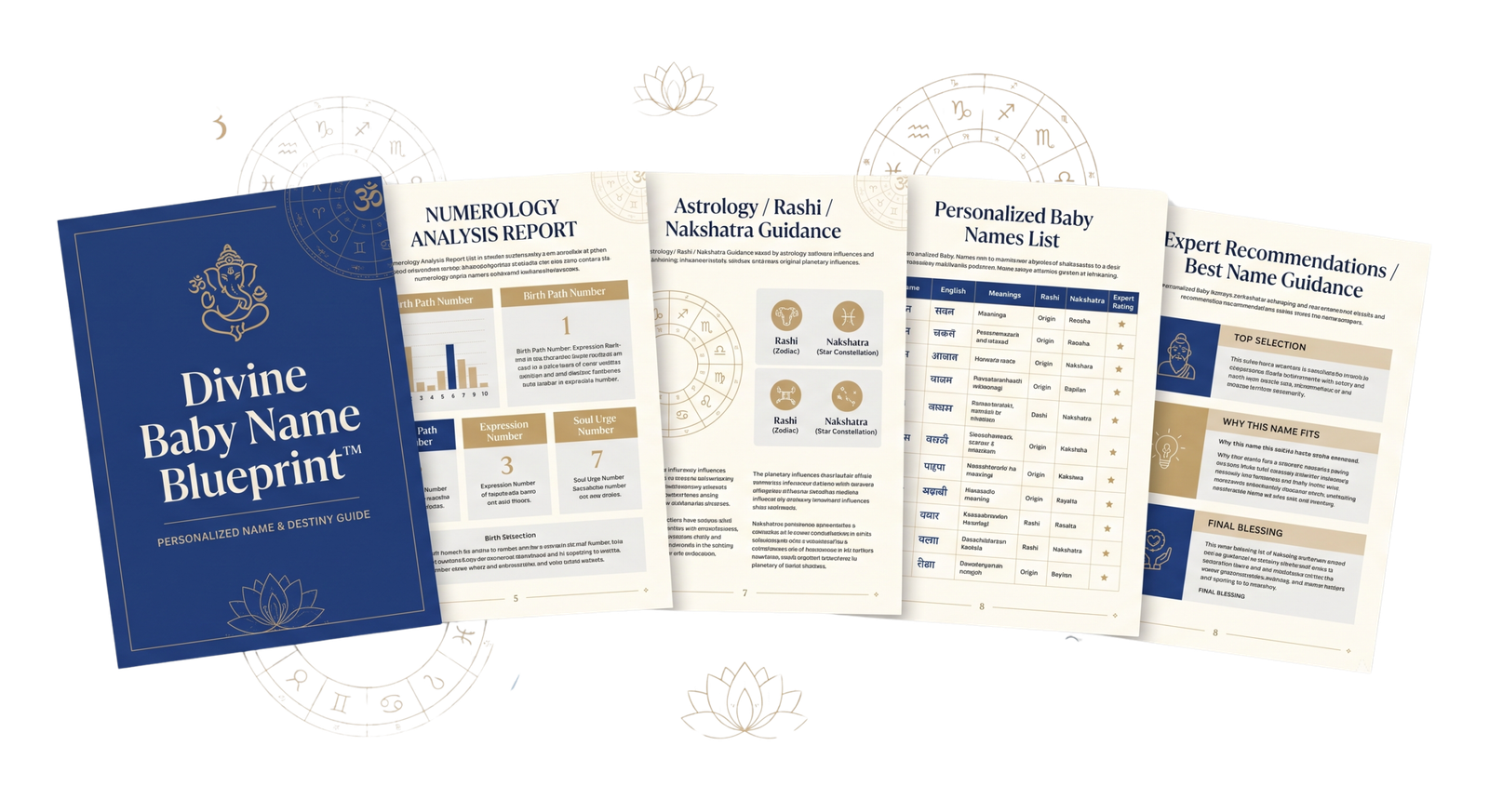 Preview pages from the personalized Numerology and Astrology baby name report