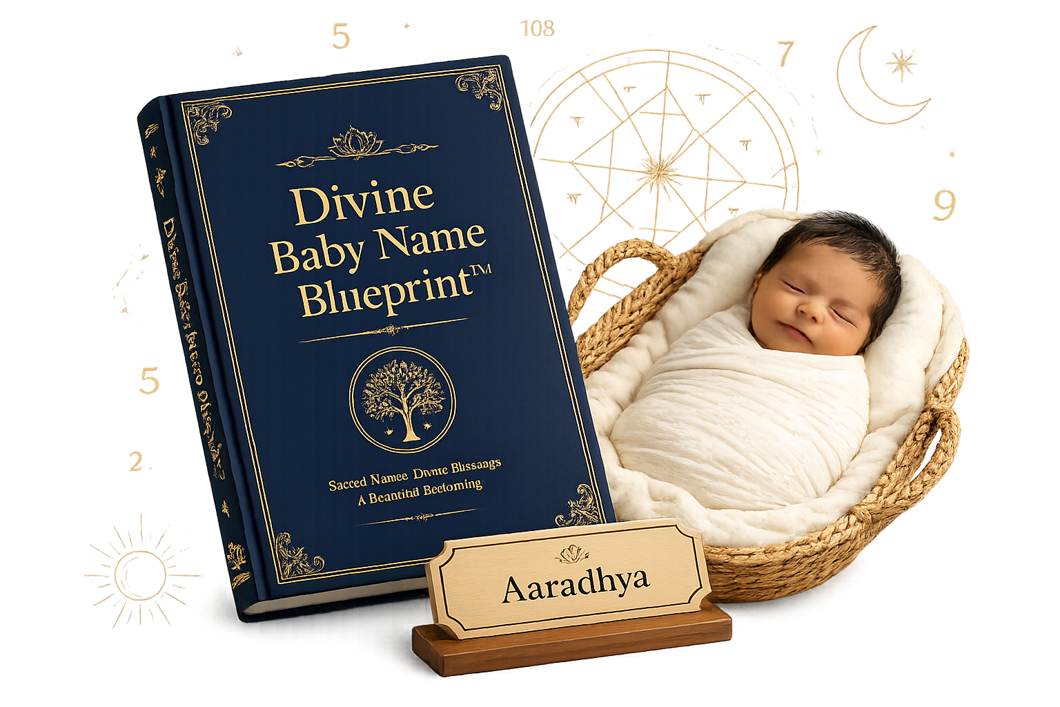 Divine Baby Name Blueprint report with sleeping newborn baby and personalized name plaque